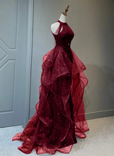 Load image into Gallery viewer, Sheath Burgundy Sequin Prom Dress 2025 with Detachable Overskirt