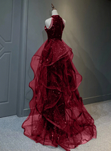 Load image into Gallery viewer, Sheath Burgundy Sequin Prom Dress 2025 with Detachable Overskirt