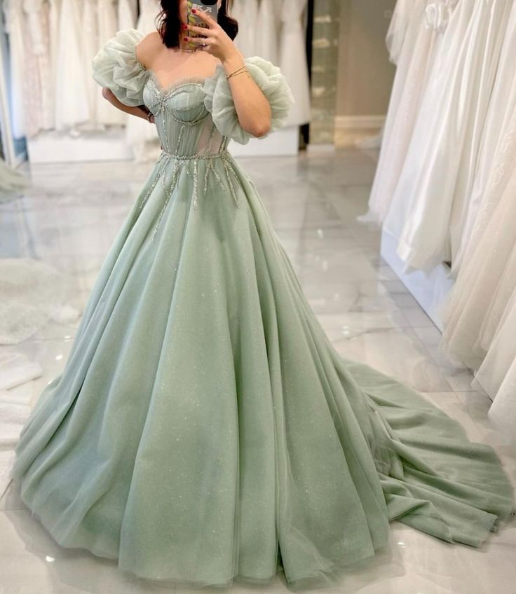 Sage Green Tulle Prom Dress 2024 with Detachable Sleeves 20W / Blue