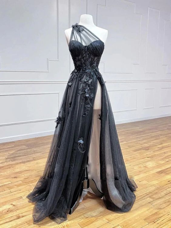 Black Lace Tulle Prom Dress 2024 One-shoulder with High Slit