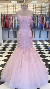 Pink Prom Dress 2024 Straps Lace Appliques Tulle with Pleats