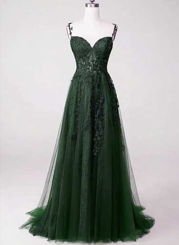 Green Lace Tulle Prom Dress 2025 Spaghetti Straps