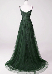 Green Lace Tulle Prom Dress 2025 Spaghetti Straps