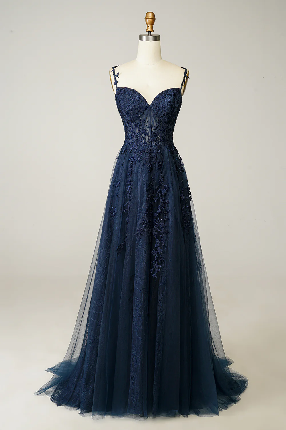 Navy Blue Lace Tulle Prom Dress 2025 Spaghetti Straps 8 / Custom Color Navy Blue Lace Tulle Prom Dress 2025 Spaghetti Straps 8 / Custom Color