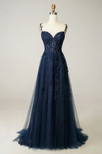 Load image into Gallery viewer, Navy Blue Lace Tulle Prom Dress 2025 Spaghetti Straps