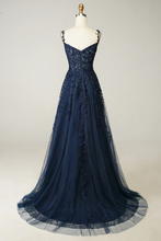 Load image into Gallery viewer, Navy Blue Lace Tulle Prom Dress 2025 Spaghetti Straps