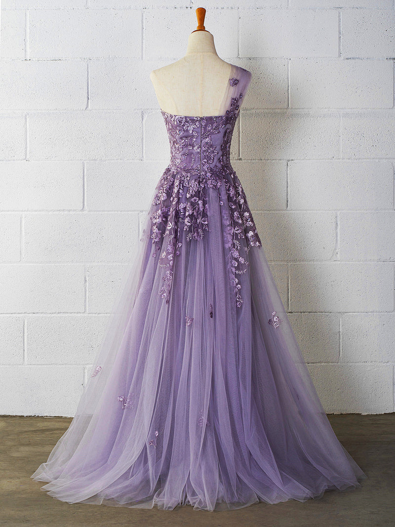 Purple Prom Dress 2024 One-shoulder Lace Appliques Tulle 10 / Green