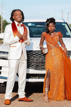 Load image into Gallery viewer, White Prom Tuxedo with Burnt Orange Velvet Lapels &amp; Bow Tie
