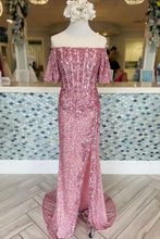 Load image into Gallery viewer, Pink Prom Dress 2024 Off the Shoulder Sequin with Slit