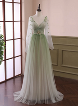 Load image into Gallery viewer, Pale Green Tulle Prom Dress 2025 Corset Back with Long Sleeves