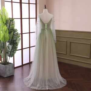 Pale Green Tulle Prom Dress 2025 Corset Back with Long Sleeves