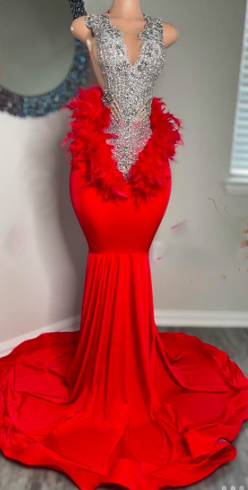 Luxurious Prom Dress 2024 V Neck Sexy Satin with Feathers AnnaCustomDress Luxurious Prom Dress 2024 V Neck Sexy Satin with Feathers AnnaCustomDress