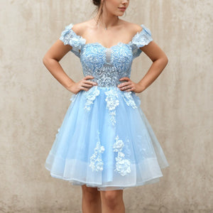 Blue Lace Applique Homecoming Dress 2024 Corset Back