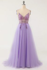 Beaded Lilac Tulle Prom Dress 2025 Spaghetti Straps