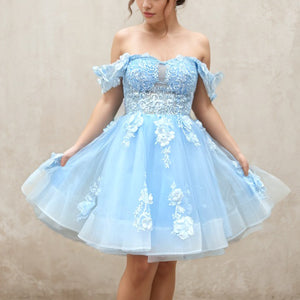 Blue Lace Applique Homecoming Dress 2024 Corset Back