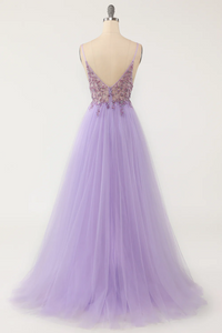 Beaded Lilac Tulle Prom Dress 2025 Spaghetti Straps