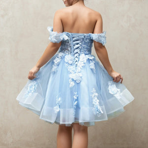 Blue Lace Applique Homecoming Dress 2024 Corset Back