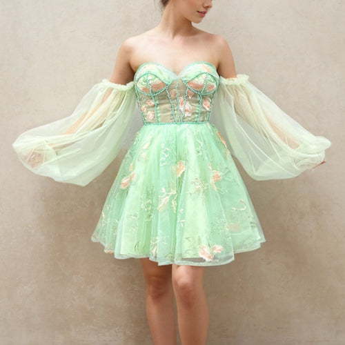 Sage Green Floral Tulle Homecoming Dress 2024 with Long Sleeves