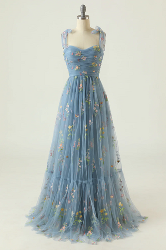 Dusty Blue Floral Tulle Prom Dress 2025