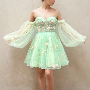 Sage Green Floral Tulle Homecoming Dress 2024 with Long Sleeves AnnaCustomDress Sage Green Floral Tulle Homecoming Dress 2024 with Long Sleeves AnnaCustomDress