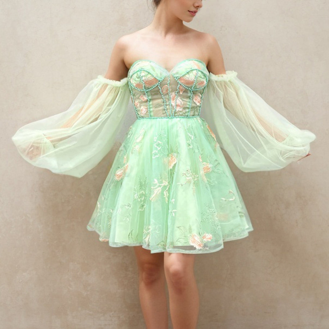 Sage Green Floral Tulle Homecoming Dress 2024 with Long Sleeves AnnaCustomDress Sage Green Floral Tulle Homecoming Dress 2024 with Long Sleeves AnnaCustomDress