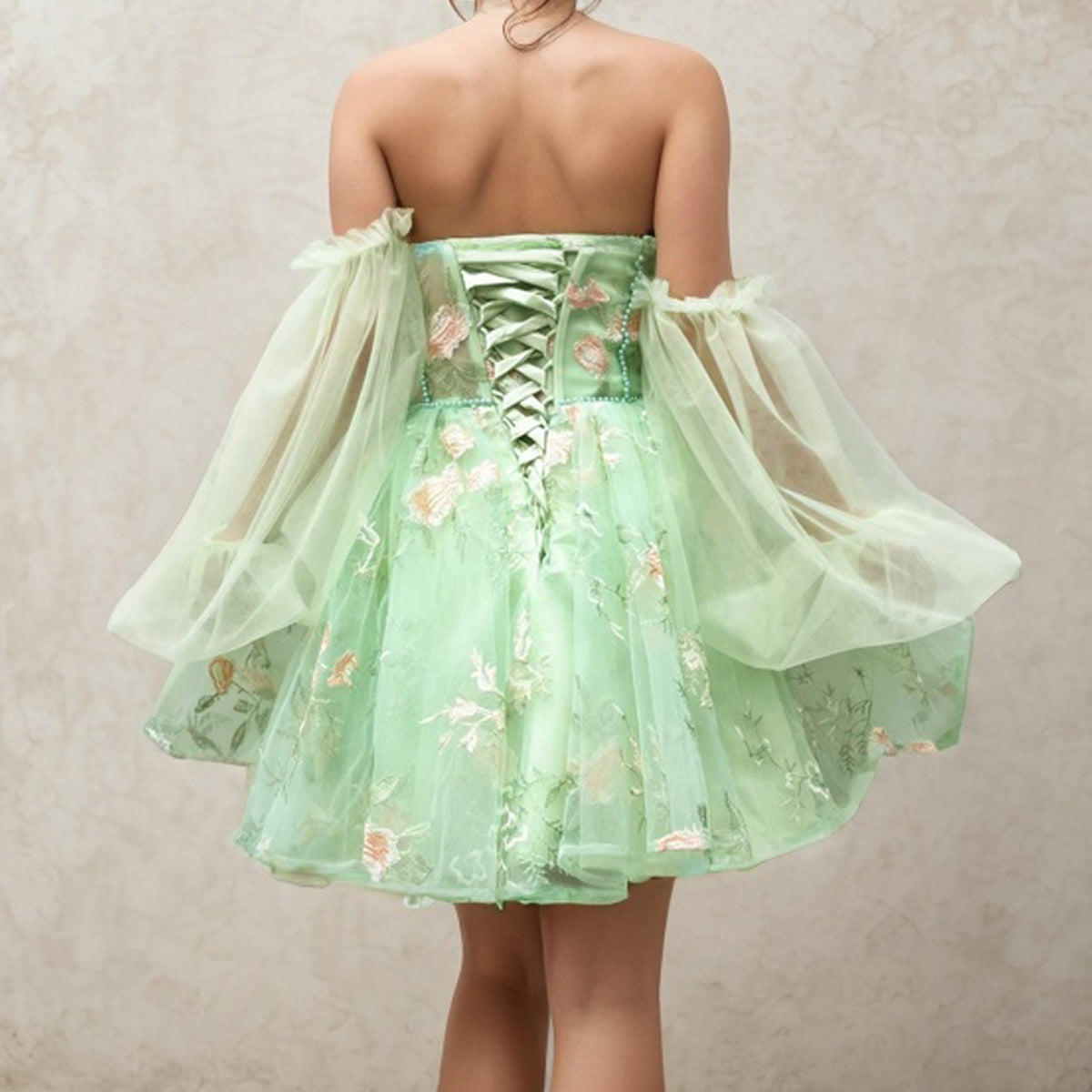 Sage Green Floral Tulle Homecoming Dress 2024 with Long Sleeves – AnnaCustomDress