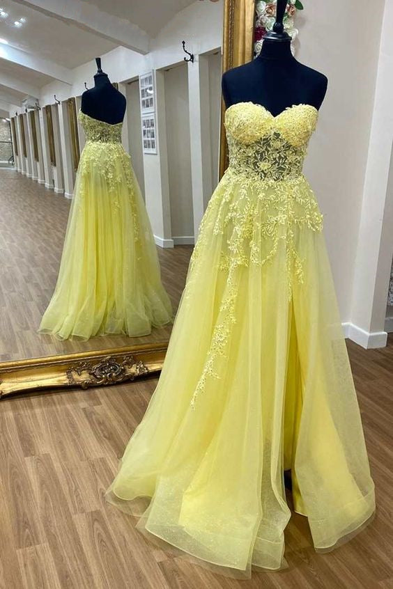 Cute Prom Dress 2024 Sweetheart Lace Appliques Tulle with Slit Custom Size / Green Cute Prom Dress 2024 Sweetheart Lace Appliques Tulle with Slit Custom Size / Green
