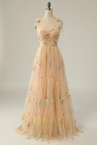 Soft Yellow Floral Tulle Prom Dress 2025