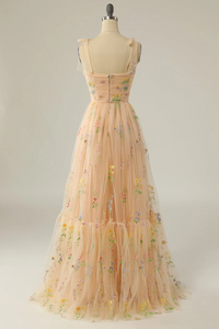 Soft Yellow Floral Tulle Prom Dress 2025