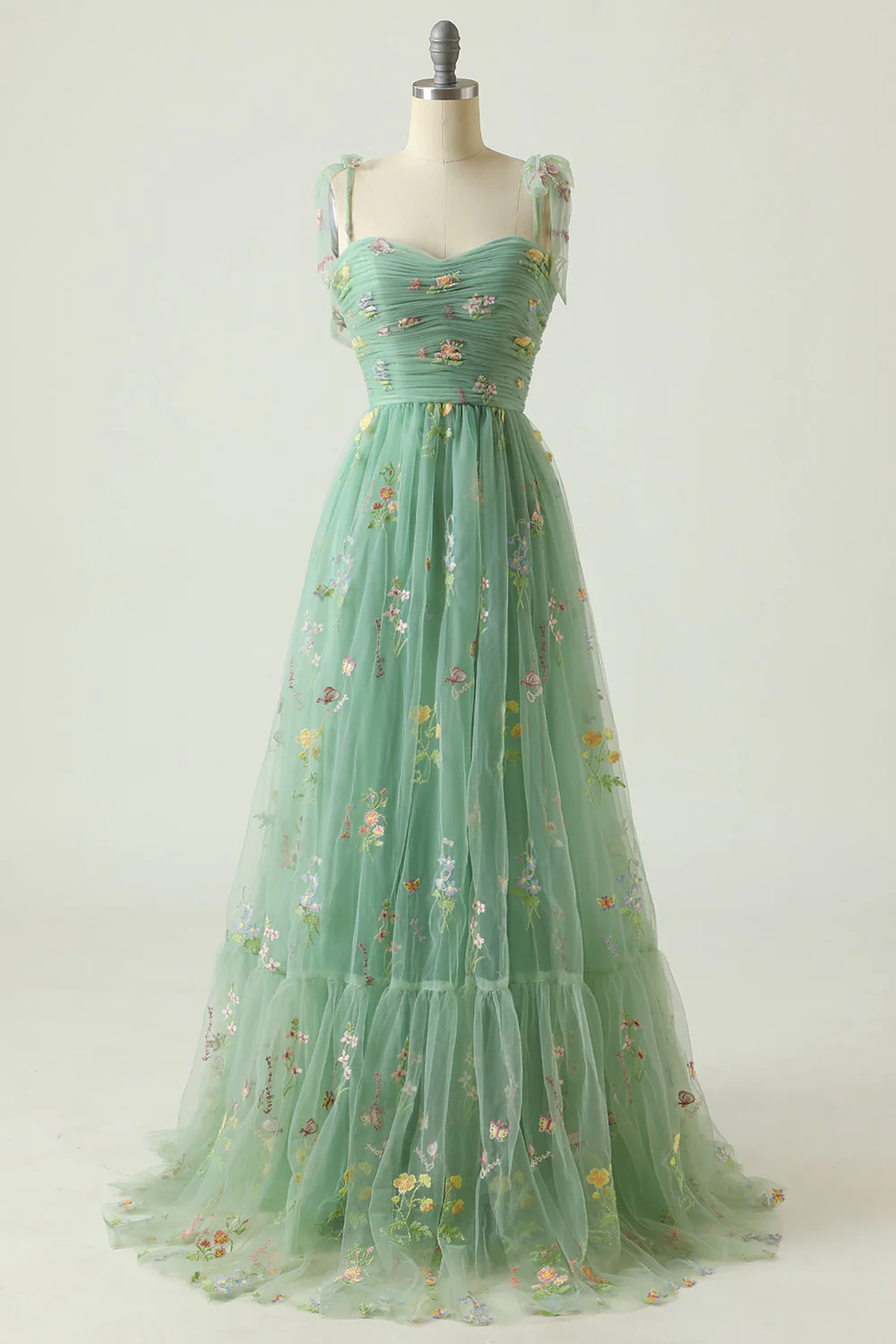 Green Floral Tulle Prom Dress 2025 Tied Straps