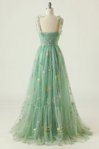 Green Floral Tulle Prom Dress 2025 Tied Straps