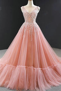 Elegant Prom Dress 2024 V Neck Sleeveless Beaded Tulle