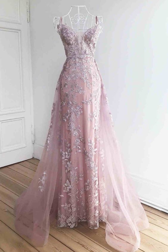 elegant evening dresses 2024 Navy Blue Sparkly Lace Mermaid Prom Dresses with Spaghetti Straps & V-Neck main image 1