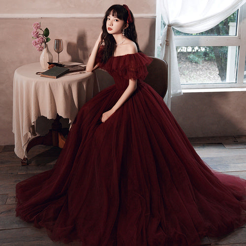 Off-the-shoulder Burgundy Tulle Prom Dress 2025 Corset Back