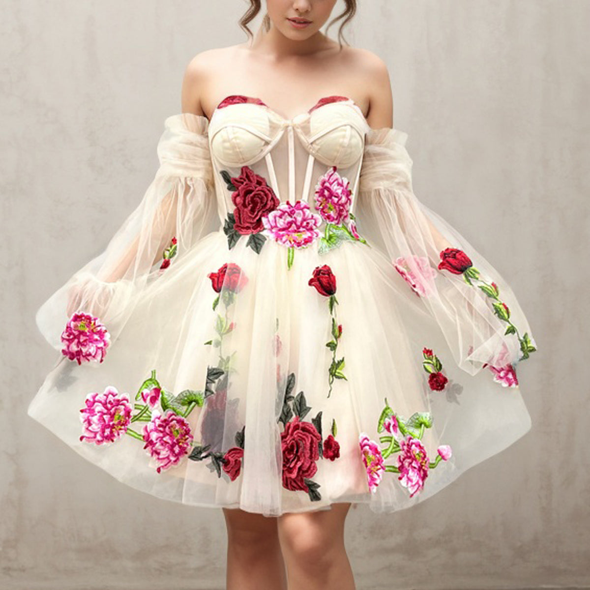Long Sleeves Floral Homecoming Dress 2024 Corset Back 16W / Same As Sample, image size:1200x1200