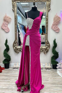 Asymmetrical Prom Dress 2024 Beaded Satin with Slit