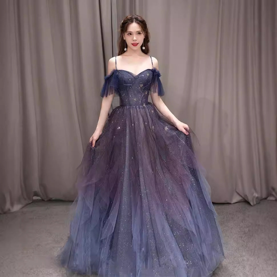 ombre glitter prom dress Berylove Women Beaded Prom Dress Purple Glitter Tulle V-Neck Long A Line Evening Dress, Purple / US6