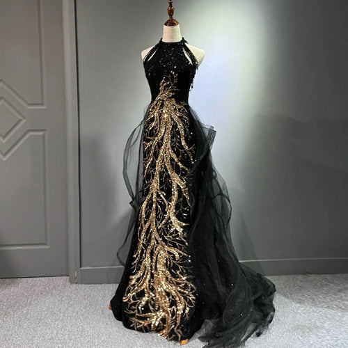Black Sequin Tulle Prom Dress 2025 with Gold Appliques