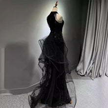 Load image into Gallery viewer, Black Sequin Tulle Prom Dress 2025 with Gold Appliques