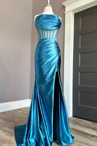 Trendy Prom Dress 2024 Strapless Ruched Satin with Slit