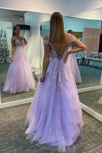 Trendy Prom Dress 2024 V Neck Lace Appliques Tulle Corset Back