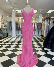 Load image into Gallery viewer, Pink Prom Dress 2024 V Neck Straps Beaded Lace Appliques