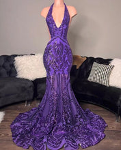Load image into Gallery viewer, Purple Prom Dress 2024 Halter Neck Sequined Open Back