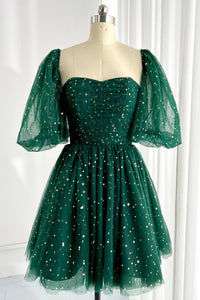 Flowy Homecoming Dress 2024 Green Star Tulle Short Sleeves