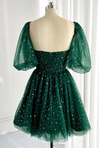 Flowy Homecoming Dress 2024 Green Star Tulle Short Sleeves