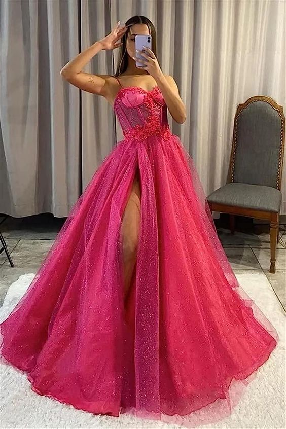 Fuchsia Prom Dress 2024 Spaghetti Straps Tulle with Slit 6 / Same as sample Fuchsia Prom Dress 2024 Spaghetti Straps Tulle with Slit 6 / Same as sample