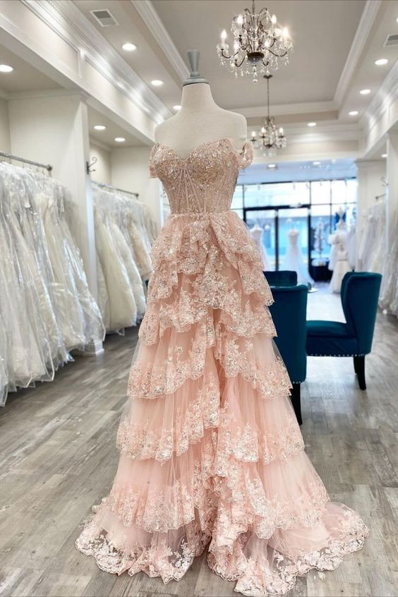 Pink Prom Dress 2024 Off the Shoulder Tiered Lace Appliques 6 / Custom Color Pink Prom Dress 2024 Off the Shoulder Tiered Lace Appliques 6 / Custom Color