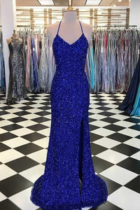 Royal Blue Prom Dress 2024 Halter Neck Sequin with Slit