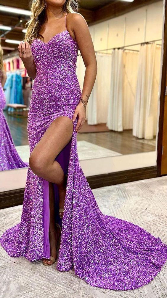 Purple Prom Dress 2024 Spaghetti Straps Sequin with Slit 20W / Custom Color Purple Prom Dress 2024 Spaghetti Straps Sequin with Slit 20W / Custom Color