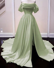 Load image into Gallery viewer, Off-the-shoulder Green Satin Prom Dress 2025 with Slit